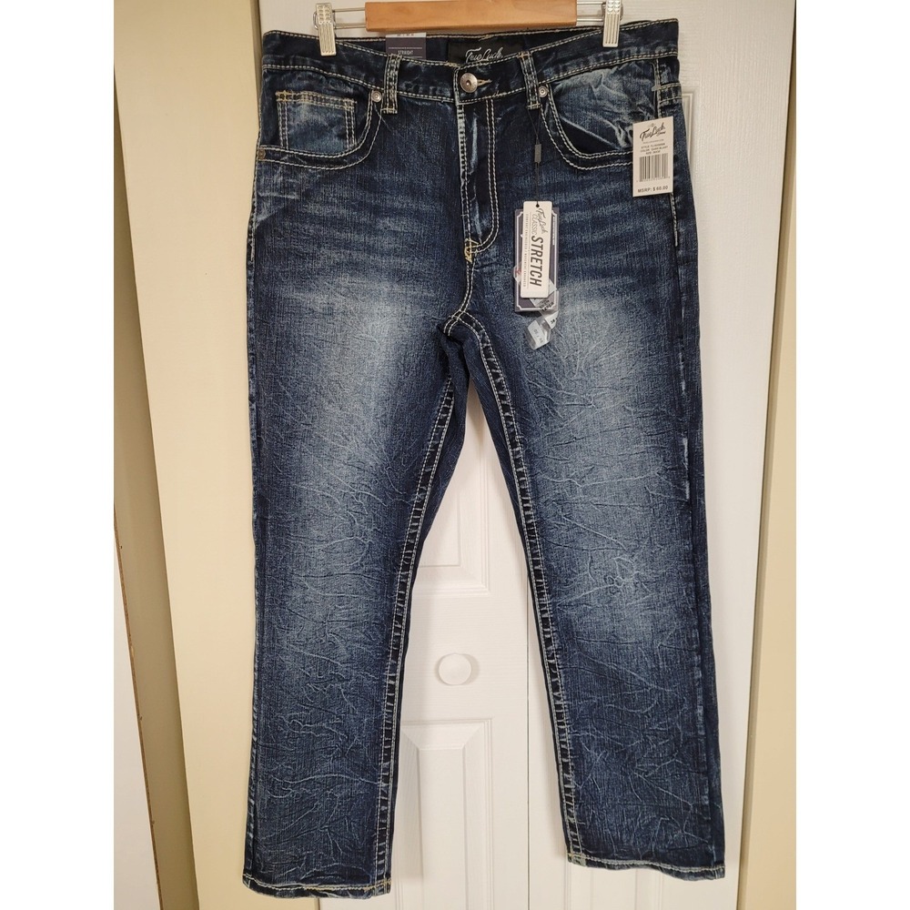 True Luck Jeans Straight Mens Dark Blast Denim Vintage Webbing NWT Size 36X30
